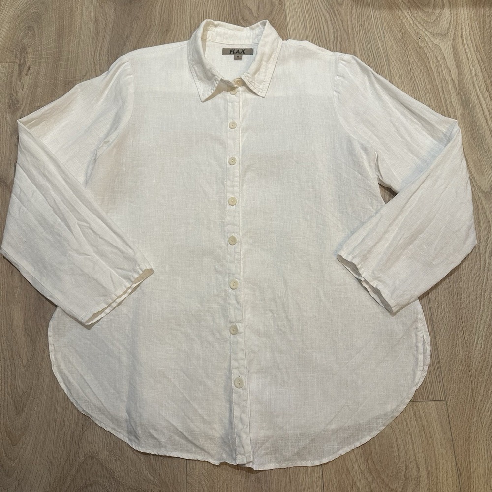 $130 Flax White Longsleeve Button Down 100% Linen Shirt Sz Small Tunic Blouse
